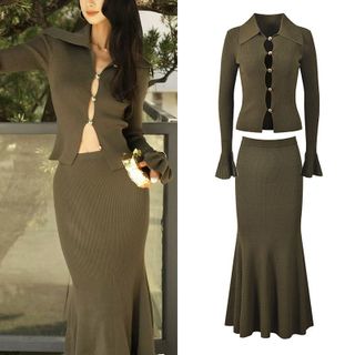 S170 Set Nữ Dệt Kim 2 Món Áo Cardigan Cổ Bẻ Tay Loe + Chân Váy Đuôi Cá Midi Thanh Lịch Công Sở Size S M L