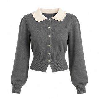 A164 Áo Cardigan Len Nữ Cổ Búp Bê Phối Màu Dáng Ngắn Tay Dài Phong Cách Tiểu Thư Thanh Lịch Size S M L XL