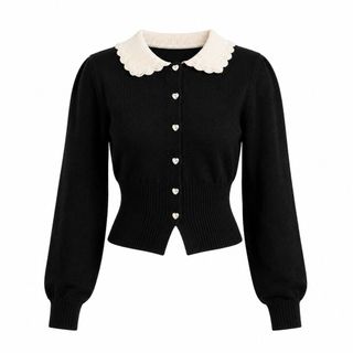 A164 Áo Cardigan Len Nữ Cổ Búp Bê Phối Màu Dáng Ngắn Tay Dài Phong Cách Tiểu Thư Thanh Lịch Size S M L XL