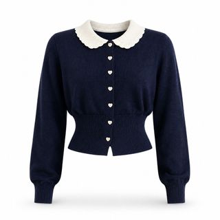 A164 Áo Cardigan Len Nữ Cổ Búp Bê Phối Màu Dáng Ngắn Tay Dài Phong Cách Tiểu Thư Thanh Lịch Size S M L XL
