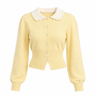 A164 Áo Cardigan Len Nữ Cổ Búp Bê Phối Màu Dáng Ngắn Tay Dài Phong Cách Tiểu Thư Thanh Lịch Size S M L XL