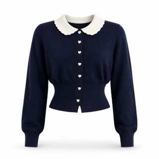 A164 Áo Cardigan Len Nữ Cổ Búp Bê Phối Màu Dáng Ngắn Tay Dài Phong Cách Tiểu Thư Thanh Lịch Size S M L XL
