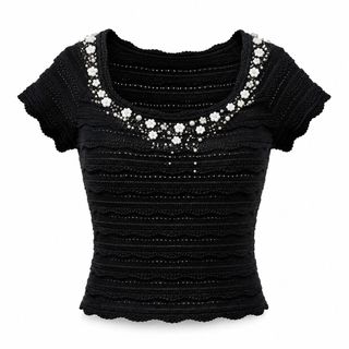 A168 Áo Dệt Kim Nữ Ice Silk Móc Hoa Đính Hạt Dáng Ngắn Tay Lửng Thanh Lịch Size S M L
