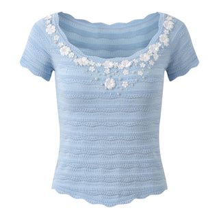 A168 Áo Dệt Kim Nữ Ice Silk Móc Hoa Đính Hạt Dáng Ngắn Tay Lửng Thanh Lịch Size S M L
