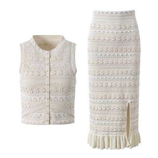 A171 Set Nữ Dệt Kim Cao Cấp 2 Món Áo Sát Nách + Chân Váy Midi Xẻ Nhẹ Phối Viền Thanh Lịch Size S M L