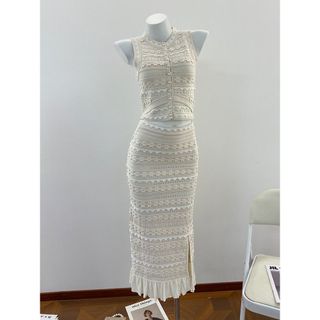 A171 Set Nữ Dệt Kim Cao Cấp 2 Món Áo Sát Nách + Chân Váy Midi Xẻ Nhẹ Phối Viền Thanh Lịch Size S M L