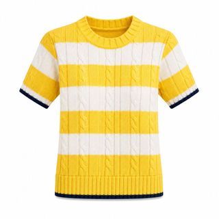 A165 Áo Len Dệt Kim Nữ Kẻ Sọc Cổ Tròn Tay Ngắn, Áo Knit Mềm Mát Dáng Ôm Tôn Dáng – Vàng/Xanh LH0338804543 GIÁ SỈ