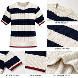 A165 Áo Len Dệt Kim Nữ Kẻ Sọc Cổ Tròn Tay Ngắn, Áo Knit Mềm Mát Dáng Ôm Tôn Dáng – Vàng/Xanh LH0338804543 GIÁ SỈ