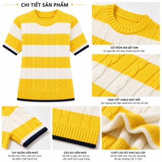 A165 Áo Len Dệt Kim Nữ Kẻ Sọc Cổ Tròn Tay Ngắn, Áo Knit Mềm Mát Dáng Ôm Tôn Dáng – Vàng/Xanh LH0338804543 GIÁ SỈ