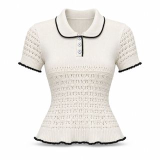 S163 Áo Polo Dệt Kim Nữ  Màu Xám Nhạt Tay Ngắn Họa Tiết Đục Lỗ Thanh Lịch Công Sở Freesize