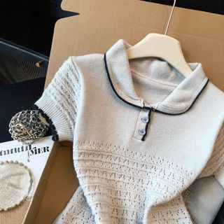 S163 Áo Polo Dệt Kim Nữ Màu Xám Nhạt Tay Ngắn Họa Tiết Đục Lỗ Thanh Lịch Công Sở Freesize