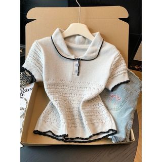 S163 Áo Polo Dệt Kim Nữ Màu Xám Nhạt Tay Ngắn Họa Tiết Đục Lỗ Thanh Lịch Công Sở Freesize