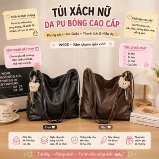 TÚI XÁCH NỮ W903 CÔNG SỞ DA PU BÓNG KÈM CHARM GẤU HÀN QUỐC