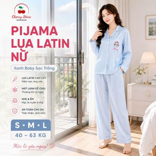 Bộ Pijama Lụa Latin Xanh Baby Sọc Trắng Dễ Thương, Thanh Lịch, Chát Lụa,Mềm, Mát, Mịn. Mặc nhà hay Đi Dạo đều Thoải Mái
