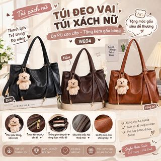 🧸 W894 - Túi Xách Nữ Da PU Tặng Gấu Bông Cute, 2 Ngăn Tiện Dụng Đi Làm Đi Chơi