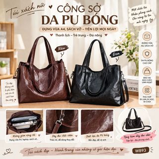 🌸W893 - Túi Xách Nữ Công Sở Đựng Vừa A4, Sách Vở Da PU Bóng Đeo Vai Đeo Chéo