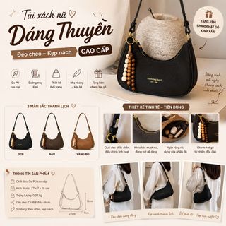 ✨ TÚI XÁCH NỮ W855 – DÁNG THUYỀN THANH LỊCH, 2 KIỂU ĐEO, KÈM CHARM XINH XẮN