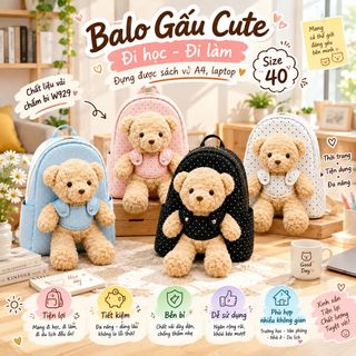 BALO GẤU CUTE W929 – SIZE 40CM, ĐỰNG A4 & LAPTOP, ĐI HỌC ĐI LÀM ĐỀU XINH