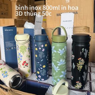 bình inox quai sách in hoa nhám 5D