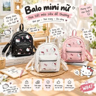 BALO MINI NỮ W847 – HỌA TIẾT MÈO XINH XẮN, PHONG CÁCH HÀN QUỐC