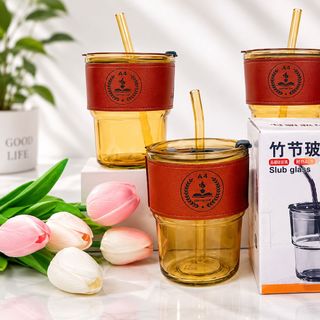 LY THỦY TINH BỌC DA KÈM ỐNG HÚT 450ml QUÀ TẶNG