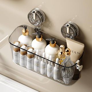 Khay Nhựa Hít Tường Trong Suốt – Kệ Đựng Đồ Nhà Tắm Dán Tường Có Móc Treo