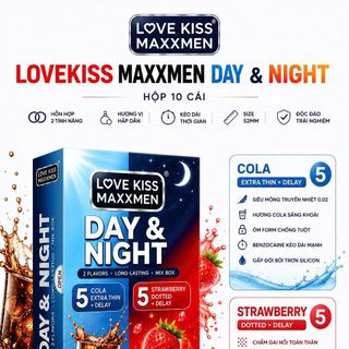 Bao cao su Love kiss maxxmen Day & Night hộp 10 chiếc size 52mm, hỗn hợp siêu mỏng, gai kéo dài