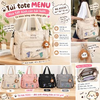 👜🐶 TÚI TOTE MENU A5230 – HỌA TIẾT CÚN HÀI HƯỚC, FORM RỘNG, KÈM KHÓA BÔNG
