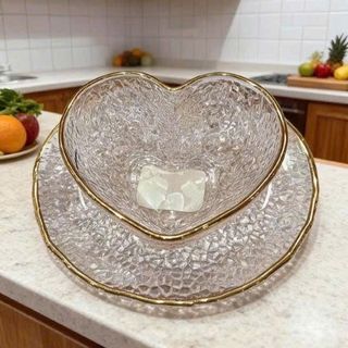 Set Bát Tô, Đĩa Tim Thủy Tinh Sần Viền Vàng (THÙNG 24B)