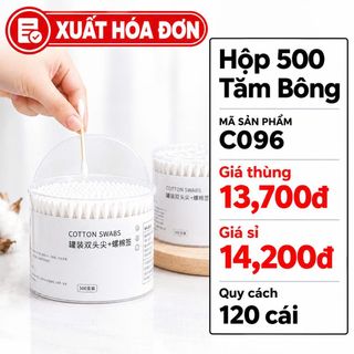Hộp Tăm Bông 500 Que Thân Gỗ 2 Đầu Tròn Xoắn