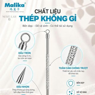 Que Nặn Mụn Malika Inox Cao Cấp, Que Lấy Nhân Mụn Hai Đầu, Hỗ Trợ Loại Bỏ Mụn Đầu Đen, Mụn Cám