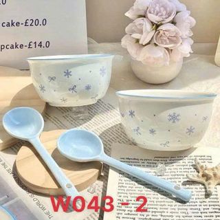 Set 2 Bát Nơ Xanh, Tuyết Kèm Thìa (THÙNG 48B)