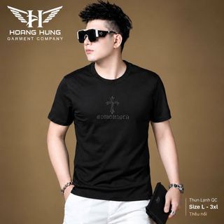 Áo Thun Nam Cổ Tròn Thun Lạnh Thêu Nổi Họa Tiết Ngực 7 Màu - Áo Thun Không Cổ Size L-3XL HH-CT03