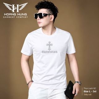 Áo Thun Nam Cổ Tròn Thun Lạnh Thêu Nổi Họa Tiết Ngực 7 Màu - Áo Thun Không Cổ Size L-3XL HH-CT03