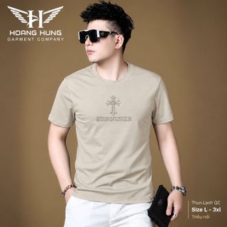 Áo Thun Nam Cổ Tròn Thun Lạnh Thêu Nổi Họa Tiết Ngực 7 Màu - Áo Thun Không Cổ Size L-3XL HH-CT03