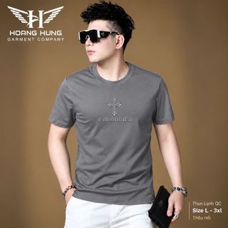 Áo Thun Nam Cổ Tròn Thun Lạnh Thêu Nổi Họa Tiết Ngực 7 Màu - Áo Thun Không Cổ Size L-3XL HH-CT03