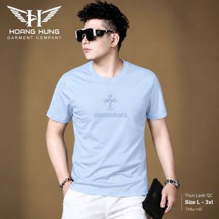 Áo Thun Nam Cổ Tròn Thun Lạnh Thêu Nổi Họa Tiết Ngực 7 Màu - Áo Thun Không Cổ Size L-3XL HH-CT03