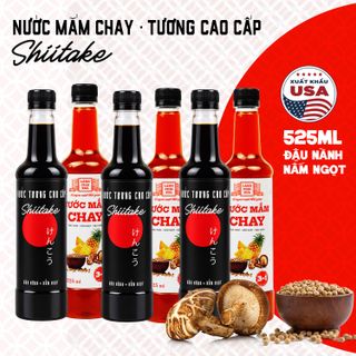 [Tặng nước tương ăn bún] Thùng 6 chai gồm 3 nước tương và 3 nước mắm chay shiitake chai nhựa 525ml