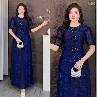 Đầm áo dài cách tân trung niên, chất liệu thun lưới co giãn, mềm mại, dày dặn, thanh lịch M806