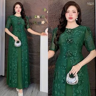 Đầm áo dài cách tân trung niên, chất liệu thun lưới co giãn, mềm mại, dày dặn, thanh lịch M806