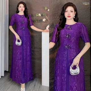 Đầm áo dài cách tân trung niên, chất liệu thun lưới co giãn, mềm mại, dày dặn, thanh lịch M806