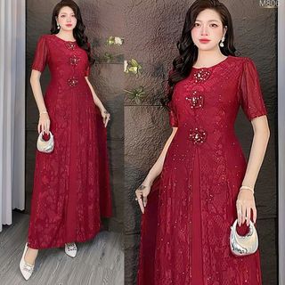 Đầm áo dài cách tân trung niên, chất liệu thun lưới co giãn, mềm mại, dày dặn, thanh lịch M806