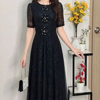 Đầm áo dài cách tân trung niên, chất liệu thun lưới co giãn, mềm mại, dày dặn, thanh lịch M806