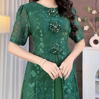 Đầm áo dài cách tân trung niên, chất liệu thun lưới co giãn, mềm mại, dày dặn, thanh lịch M806