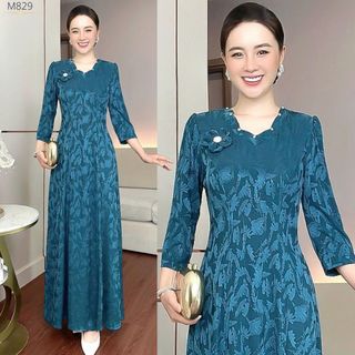 ĐẦM MAXI, CHẤT LIỆU ĐẦM DẠ HỘI DỆT 3D ACITAT, SANG TRỌNG BIGSIZE M829