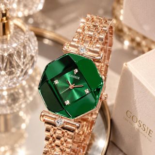 Đồng hồ nữ mặt bát giác, dây kim loại 2 màu nâu - xanh sang trọng Gossie Bát Giác