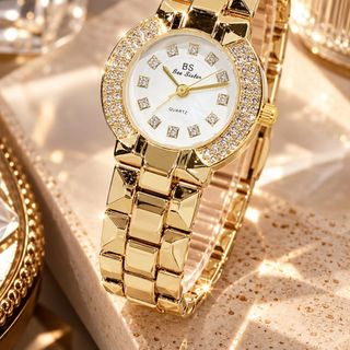 Đồng hồ nữ mặt tròn đính đá, dây kim loại vàng sang trọng BS Mác