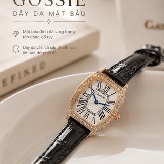Đồng hồ nữ mặt chữ nhật bo cong đính đá, dây da 4 màu Gossie Dây Da
