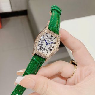Đồng hồ nữ mặt chữ nhật bo cong đính đá, dây da 4 màu Gossie Dây Da
