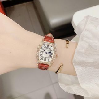 Đồng hồ nữ mặt chữ nhật bo cong đính đá, dây da 4 màu Gossie Dây Da